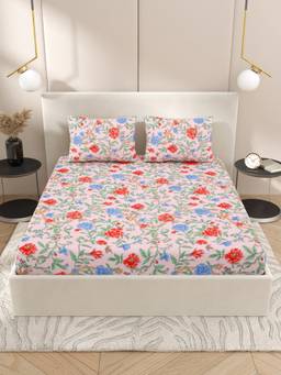 House of Gulab - Pink Pink Floral print fitted Bedsheets with elastic and 2 Pillow Covers