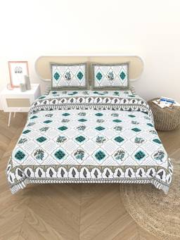 House of Gulab - Light Blue Embroidered Bedsheet Set with 2 Quilted Pillow Covers