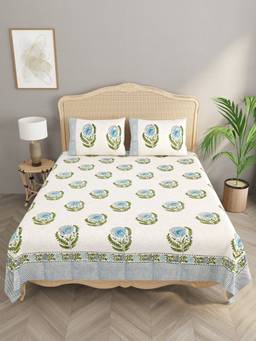 House of Gulab - White Handblock printed Jute Cotton Bedcover Double King with 2 Pillow Covers