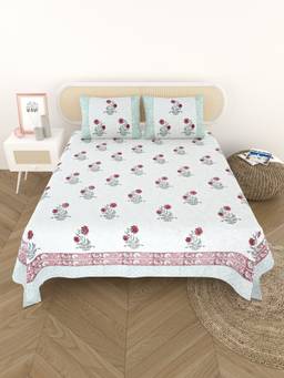 House of Gulab - Multicolor Handblock printed Jute Cotton Bedcover Double King with 2 Pillow Covers