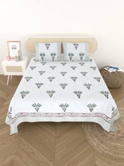 House of Gulab - White Handblock printed Jute Cotton Bedcover with 2 Pillow Covers