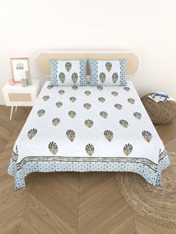 House of Gulab - White Handblock Printed Jute Cotton Bedcover With 2 Pillow Covers