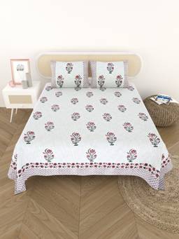House of Gulab - White Handblock printed Jute Bed Cover with Pillow Cover