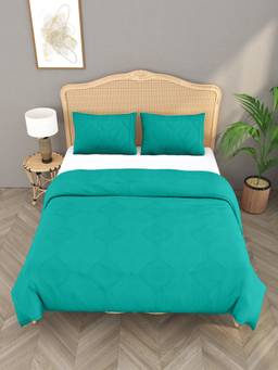 House of Gulab - Teal Cotton Quilted Reversible King Size Bedcover with 2 Pillow Covers