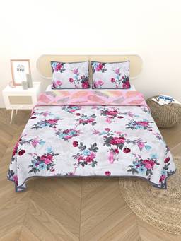 House of Gulab - Multi-Color Quilted Floral Printed Bed Cover with Pillow Cover
