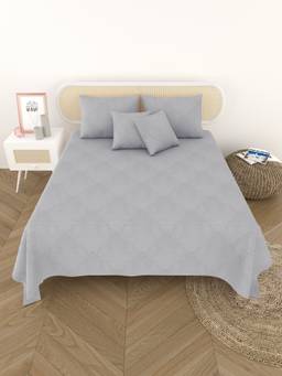House of Gulab - Grey Quilted Floral Printed Reversible Bedcover with 2 Pillow Covers