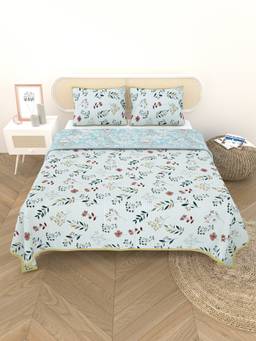 House of Gulab - Multicolor Quilted Floral Printed Reversible Bedcover with 2 Pillow Covers