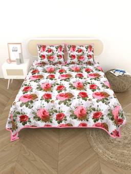 House of Gulab - Multi-Color Quilted Floral Printed Bed Cover with Pillow Cover