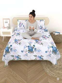 House of Gulab - Multicolor Quilted Floral Printed Reversible Bedcover with 2 Pillow Covers