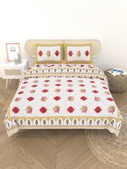 House of Gulab - White Floral Printed King Bedsheet With Blanket And 2 Pillow Cover