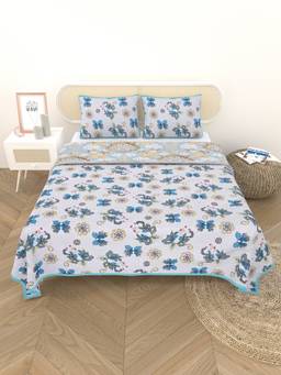 House of Gulab - White Floral Printed 1 King Bedsheet, 1 Jaipuri Razai/Quilt, 2 Pillow Covers