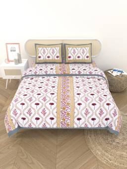 House of Gulab - White Floral Printed 1 King Bedsheet, 1 Jaipuri Razai/Quilt, 2 Pillow Covers