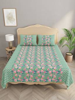 House of Gulab - Multi-Color Percale Cotton Super King Handblock Print Bedsheet with 2 Pillow Covers