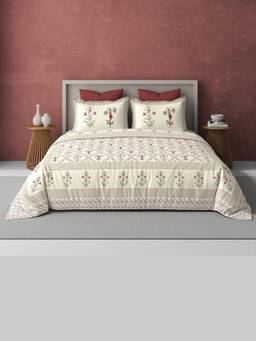 House of Gulab - Cream Cream Percale Cotton Super King Handblock Print Bedsheet with 2 Pillow Covers