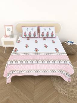 House of Gulab - White Percale Cotton Super King Handblock Print Bedsheet with 2 Pillow Covers