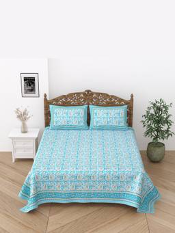 House of Gulab - Animal Percale Cotton Super King Handblock Print Bedsheet with 2 Pillow Covers