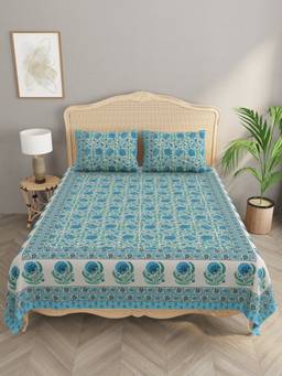 House of Gulab - Blue Double King Bedsheet Bedsheet with Pillow Covers