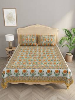 House of Gulab - Orange Double King Bedsheet With 2 Pillow Covers