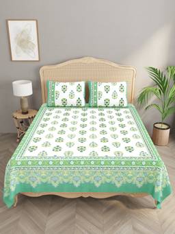 House of Gulab - Green Double King Bedsheet with 2 Pillow Covers