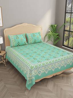 House of Gulab - Green Double King Bedsheet With 2 Pillow Covers
