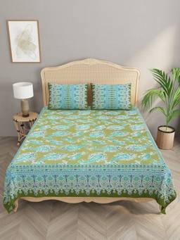 House of Gulab - Percale Cotton Super King Handblock Print Bedsheet With Sham Pillow Cover