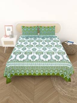House of Gulab - Green Cotton Printed Bedsheet with 2 Pillow Covers