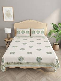 House of Gulab - White Cotton Printed Bedsheet with 2 Pillow Covers