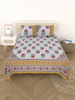 House of Gulab - White Cotton Printed Bedsheet with 2 Pillow Covers