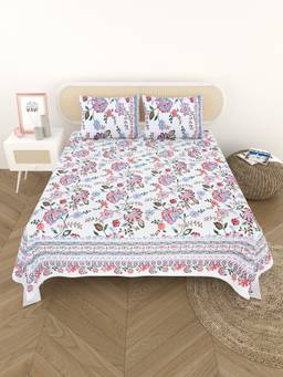 House of Gulab - White White Cotton Printed Bedsheet with 2 Pillow Covers