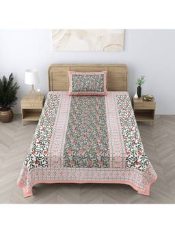 House of Gulab - Pink Cotton Floral Print Single Bedsheet With 1 Pillow Cover