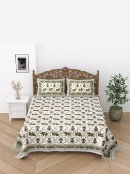 House of Gulab - Green Floral Print Cotton Double King Bedsheet With 2 Pillow Covers