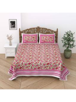 House of Gulab - Pink Floral Print Cotton Double King Bedsheet With 2 Pillow Covers