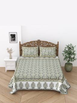 House of Gulab - White Floral Print Cotton Double King Bedsheet with 2 Pillow Covers