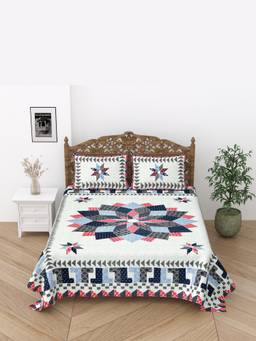 House of Gulab - White Floral Print Cotton Double King Bedsheet With 2 Pillow Covers