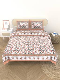 House of Gulab - Multi-Color Floral Print Cotton Double King Bedsheet with 2 Pillow Covers