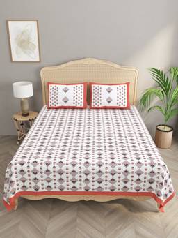 House of Gulab - Red Floral Print Cotton Double King Bedsheet With 2 Pillow Covers