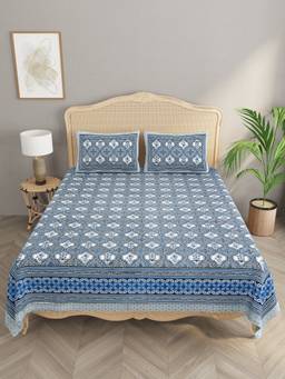 House of Gulab - Blue Floral Print Cotton Bedsheet with Pillow Cover