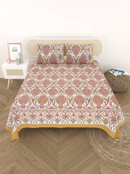 House of Gulab - Orange Floral Print Cotton Double King Bedsheet with 2 Pillow Covers