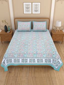 House of Gulab - Floral Print Cotton Double King Bedsheet with 2 Pillow Covers