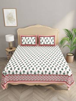 House of Gulab - White White Floral Print Cotton Double King Bedsheet with 2 Pillow Covers