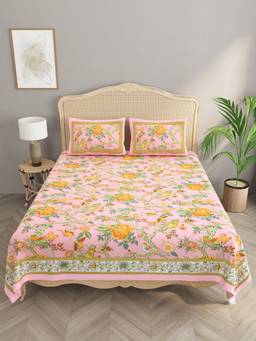 House of Gulab - Pink Floral Print Cotton Double King Bedsheet With 2 Pillow Covers