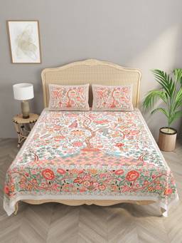 House of Gulab - Orange Floral Print Cotton Double King Bedsheet With 2 Pillow Covers