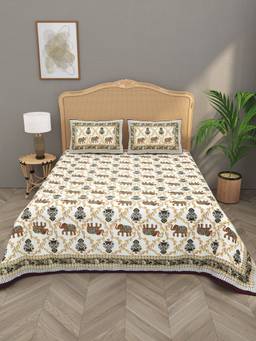 House of Gulab - Multi-Color Quilted Floral Printed Reversible Bedcover with 2 Pillow Covers