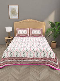 House of Gulab - White Quilted Floral Printed Reversible Bedcover with 2 Pillow Covers