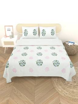 House of Gulab - White Quilted Floral Printed Bed Cover with Pillow Cover