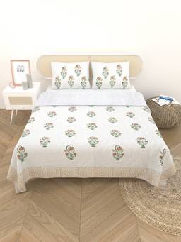 House of Gulab - White Quilted Floral Printed Bedsheet with Pillow Cover
