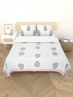 House of Gulab - White Quilted Floral Printed Bedsheet with Pillow Cover