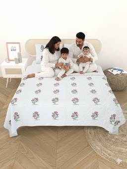 House of Gulab - Quilted Floral Printed Reversible Bedcover With 2 Pillow Covers