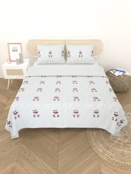 House of Gulab - White Quilted Floral Printed Bedsheet with Pillow Cover