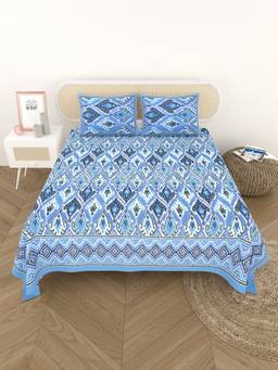 House of Gulab - Blue Cotton Printed Bedsheet With 2 Pillow Covers
